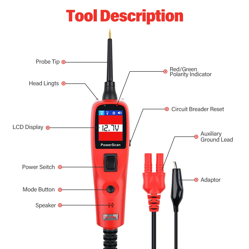 Autel PowerScan PS100 Car Electrical Circuit AVOmeter Tester 12V/24V Power Probe Kit Automotive System Battery Diagnostic Tool