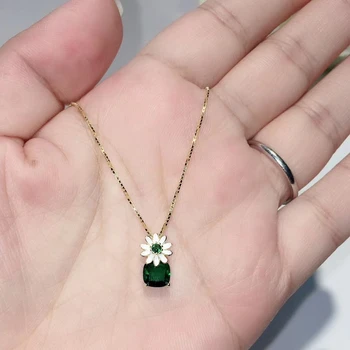 

Hot GREEN Square Green Zircon Statement Necklace Sunflower Enameled Collar Chain Solid 925 Sterling Silver Women Pendant Jewelry