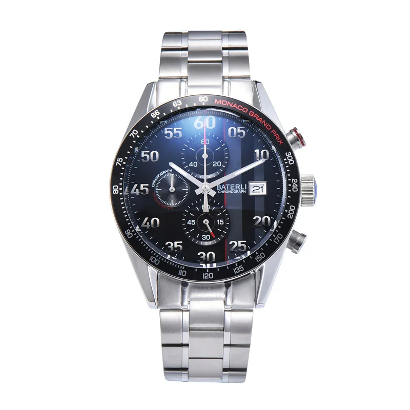 New Fashion Original Brand Men Chronograph Quartz Watch Full Stainless Steel Case With Rubber Strap Boy Clock Gifts