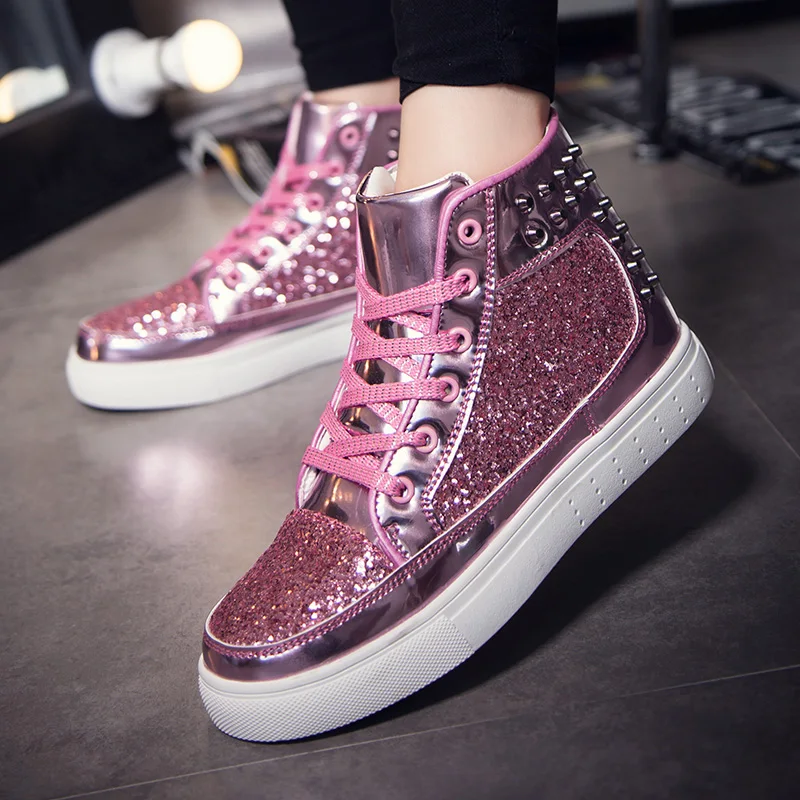 

new fashion unisex flats women PU leather lace-up casual shoes rhinestone high-top bling crystal female casual shoes