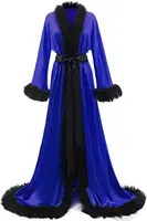 Women's Satin Robe Fur Nightgown Bathrobe Sleepwear Feather Bridal Robe with Belt - Image 6
