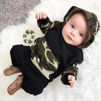 

Spring Autumn Children's Clothing New Baby Boy Hooded Camouflage Pocket Patchwork Sweatshirt Pant Two-piece Baby's Sets