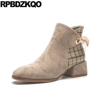 

Short Kawaii Designer Plaid Bow Booties Suede Cute New Square Toe Chunky Women Ankle Boots Medium Heel Autumn Block Shoes Fall