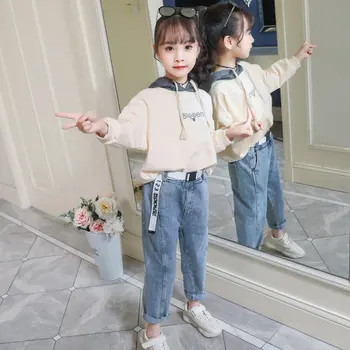 

Baby Girls Outfits Suit Fashion Cute Ear Hooded Casual Kids Tracksuit Hooded Tops + Jeans Pants Children Spring Fall Clothes Set