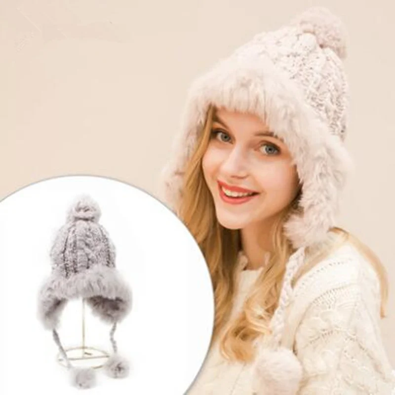 

Winter Wool Knitted Bomber Hats For Women Rabbit Fur Pompom Ball Bonnet Cap Twist Warm Earflap Beanies Hat