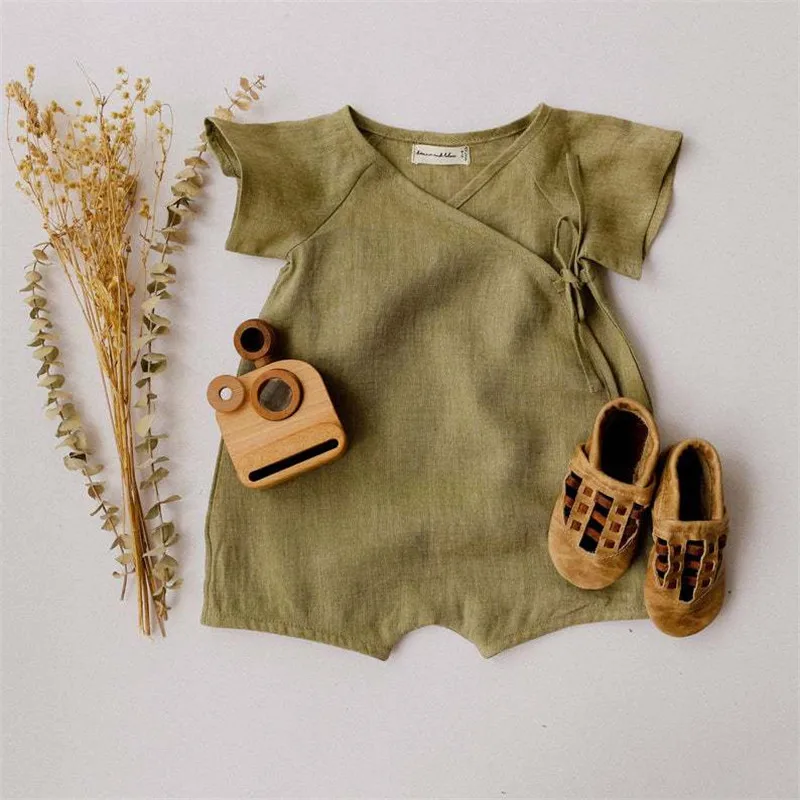 Linen Cotton One-Piece Boys Romper Summer Short Sleeve Kids Jumpsuit for Toddler Girls Clothing Set Children Overalls Outfits bright baby bodysuits	 Baby Rompers