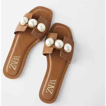 

Pearl Shoes Women ZA Shoes Summer Slippers Women Pearl Decoration Slides Women Flat Slippers Women Elegant Slides Women