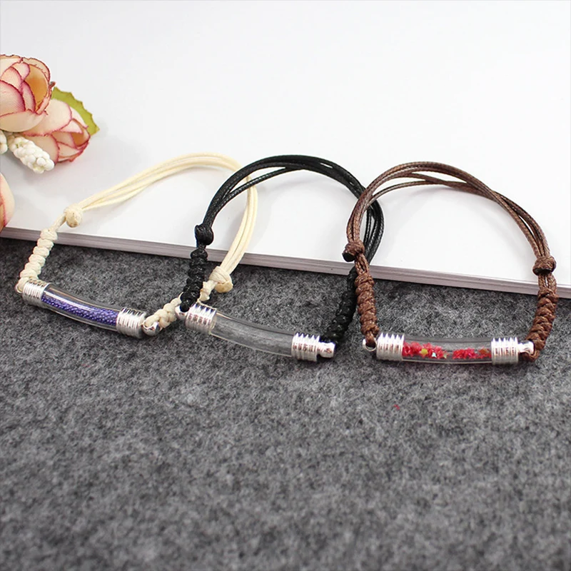 6 Colors Adjustable Handmade Clear Tiny Glass Tube Vial Cord Bracelet Memorial Writing Name Ash Hair Locket Pendant