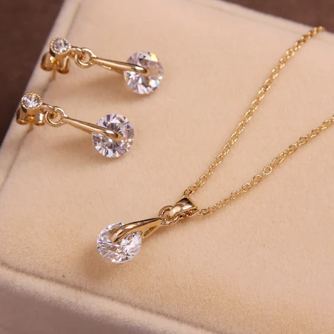 Gold Silve Color Pendants & Necklace Drop Earrings Natural Stone Cubic Zirconia Crystal Wedding Bridal Jewelry Sets