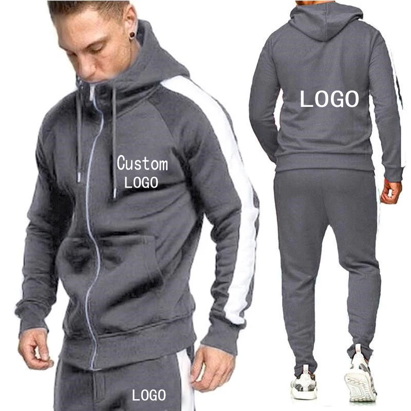 Custom Logo Men Zip Hoodies+Joggers Pants 2 Piece Tracksuit Set Running Jogging Sports Wear Hooded SweatSuit Winter Outfits