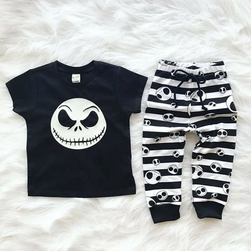 2019 Cotton Halloween Newborn Kids Baby Boy Skull Tops Short Sleeve T-Shirt Striped Long Pants Outfit Set Clothes Costume 2Pcs