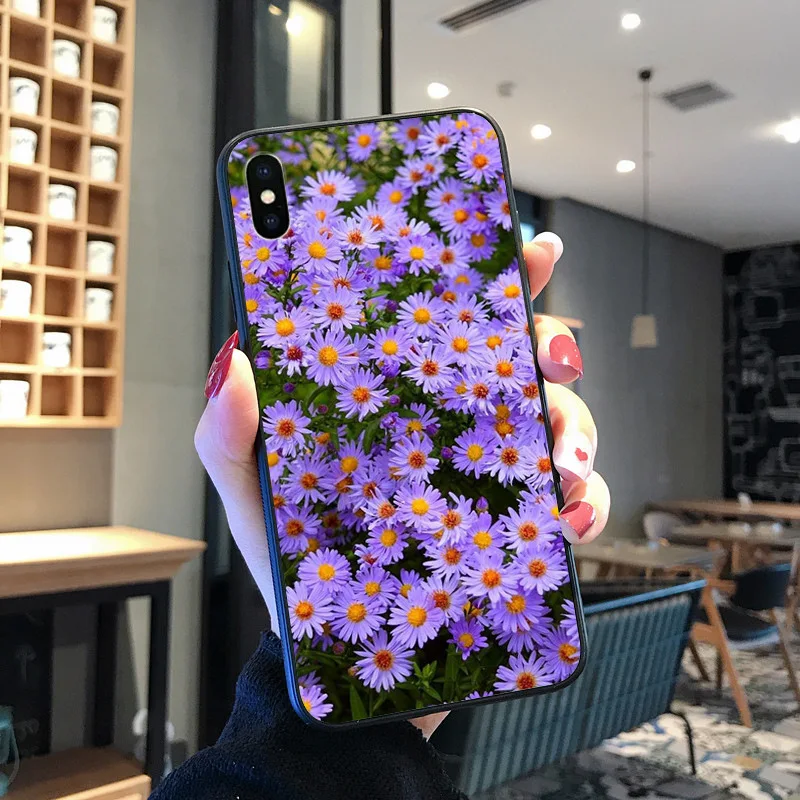 Kecil Bunga Aster Bunga TPU Hitam Ponsel Case Shell UNTUK iPhone 8 7 6 6S Plus X XS MAX 5 5S SE XR 11 11pro Promax Ponsel