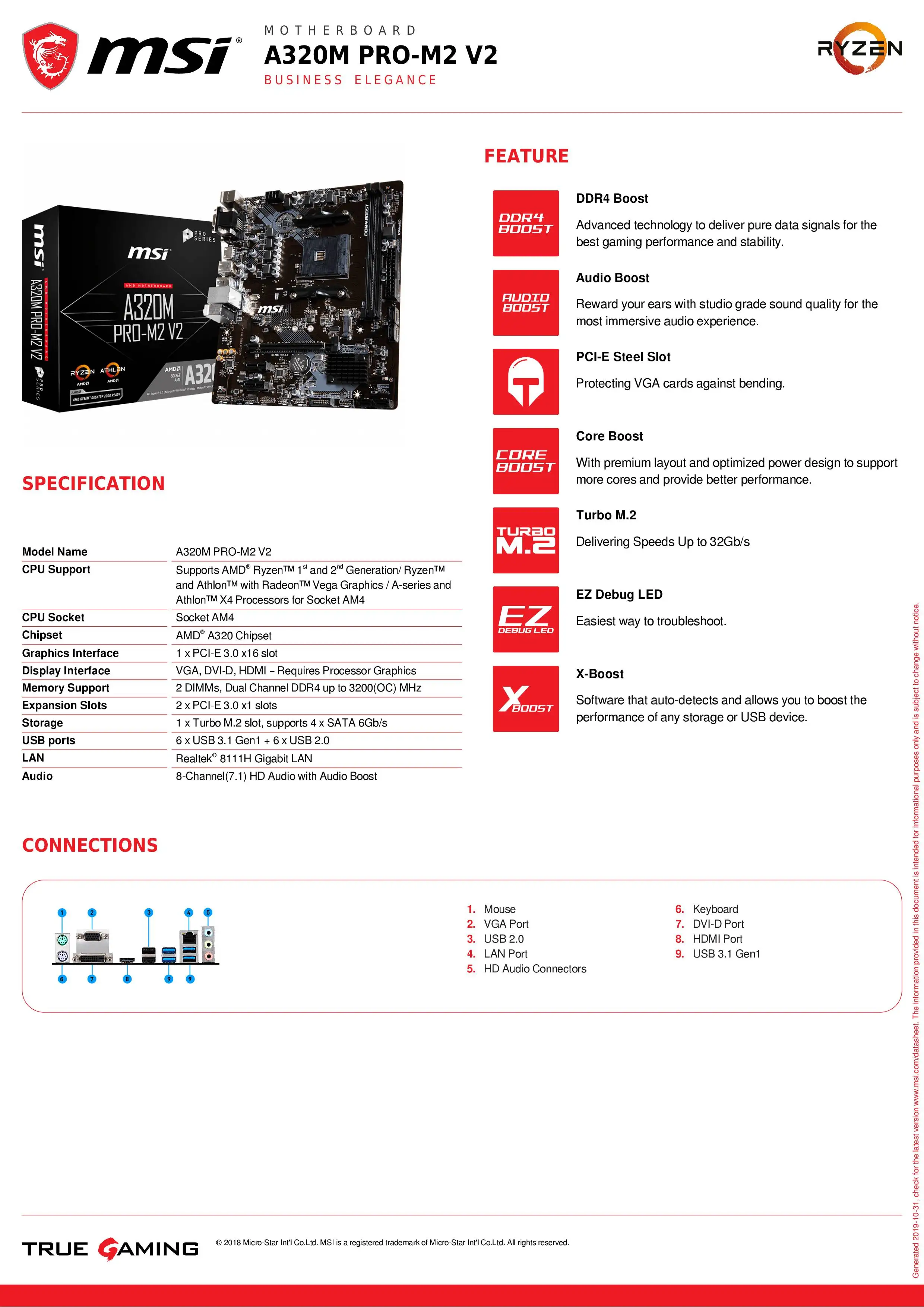 MSI A320M PRO M2 V2 системная плата AMD Socket am4 ddr4 memory rams M.2 SATAIII ssd HDMI + VGA DVI PCI E 3 0X16 материнская