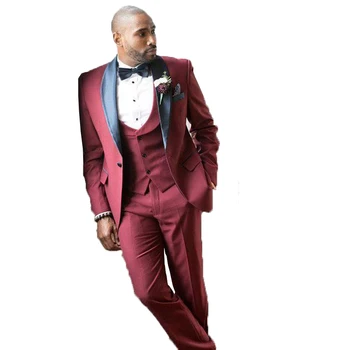 

African Customized Burgundy 3 Pieces Men Suits for Wedding Groom Suits Men Slim Fit Suits Costume Homme mariage