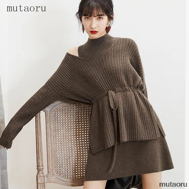 

Top Quality Sweater and Knit Dress 2 Piece Set Sexy off shoulder Long Sleeve Loose Pullover Tops + Above knee Tank Dress Twinset