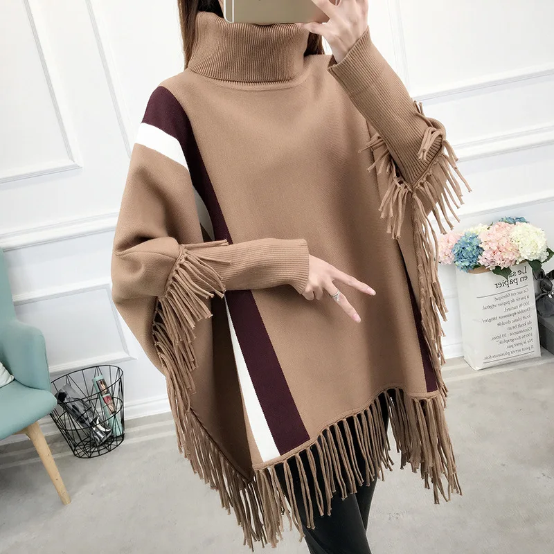 

High Collar Tassels Sweater Women's Mid-length 2019 New Style Pullover Laziness-Style Knitted Batwing Shirt Loose Cloak Coat