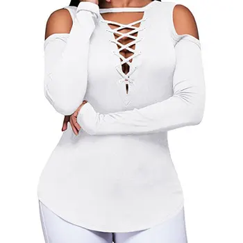 

Autumn And Winter New Off-the-shoulder Cross Lace-up Deep V Long-sleeved Shirt Shirt Knit Top
