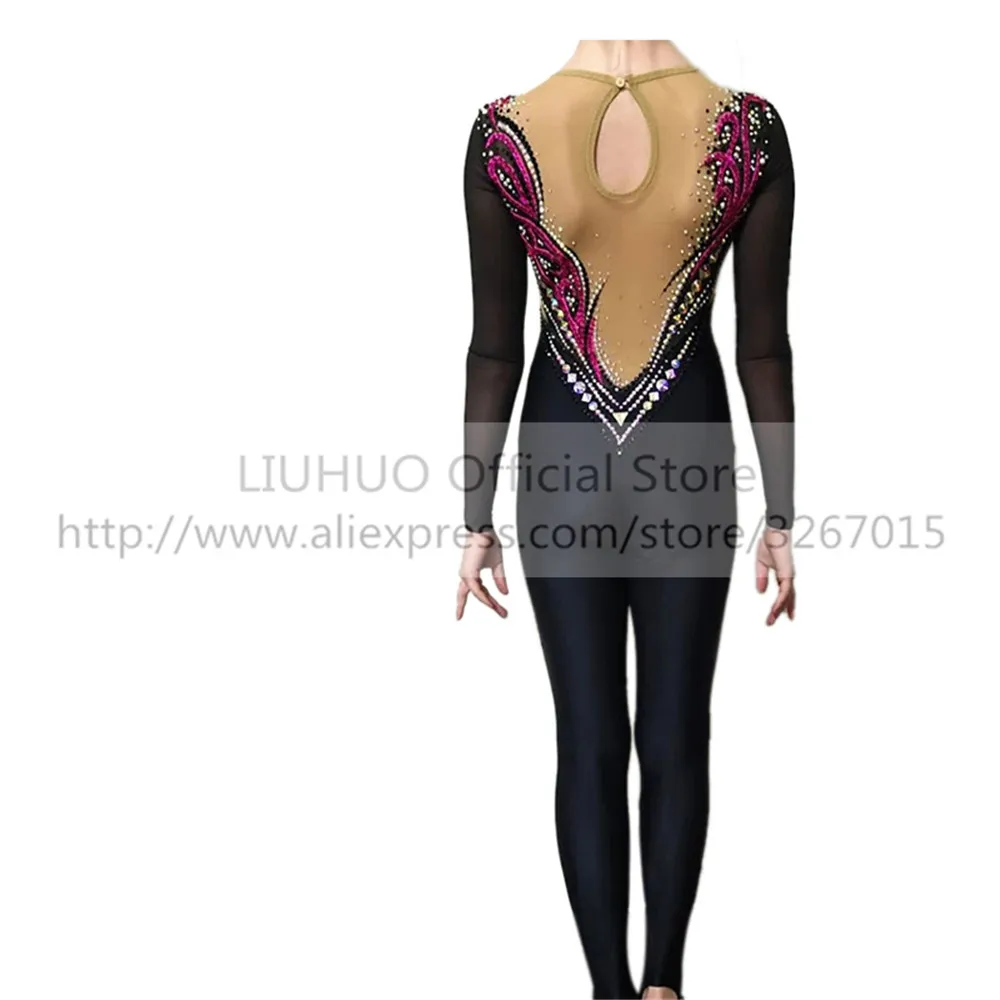 LIUHUO Women's Girls' Adult Black Performance Rhythmic Gymnastics Competition Leotard Ice Figure Skating Dress Tights Bodysuit