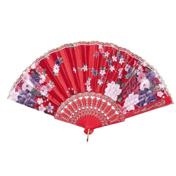 

Chinese Style Flower Pattern Plastic Frame Folding Hand Fan Red