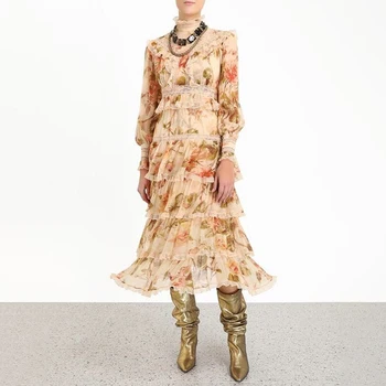 

Floral Print Spring Long Midi Dress Women Stand Neck Ruffles High Waist Cake Party Dress Puff Sleeve Runway Chiffon Dress A621