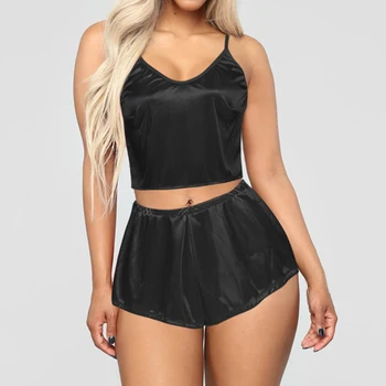 

2020 Summer Two Piece Set Womens Silk Pajamas Set Sleepwear Sexy Sleeveless Crop Tops Shorts 2Pcs Set Nightwear Plus Size