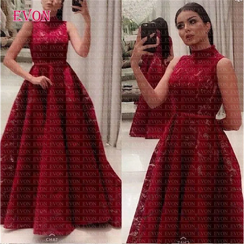 Robe De Soiree Элегантный цвета красного вина Кружева Вечерние платья Длинные с высоким вырезом драпированные линии формальное платье для выпускного вечера De Fiesta