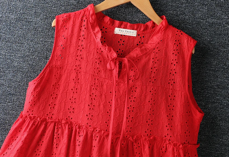 2020 summer hollow out embroidery blouse tops female cotton O-Neck sleeveless loose pullover shirt 4