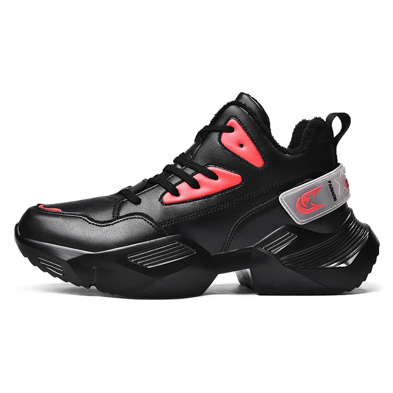 Зимняя Вельветовая теплая спортивная обувь; Мужская обувь для бега на толстой подошве; трендовая Спортивная брендовая нескользящая обувь; Zapatillas - Цвет: Black Red