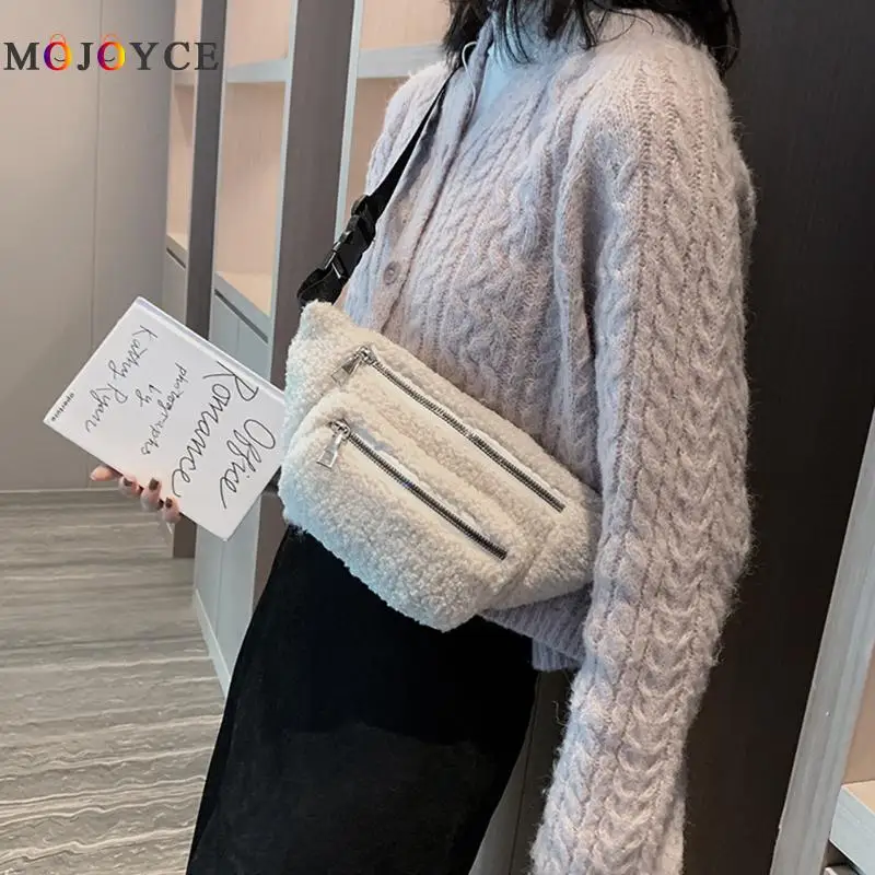 

Fashion Plush Women Waist Bag Winter Fanny Pack Phone Pouch Casual Double Zipper Belt Bag Crossbody Shoulder Chest Pack