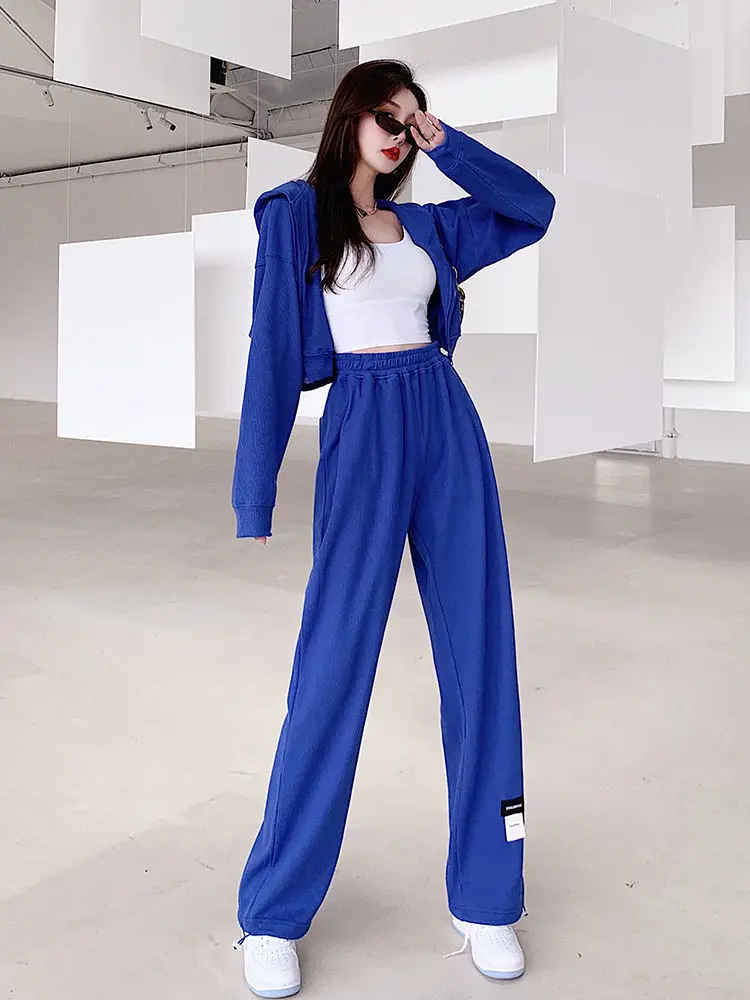 Sports waffle suit women loose casual high-waist Klein blue wide-leg pants spring and autumn two-piece suit blue pant suit