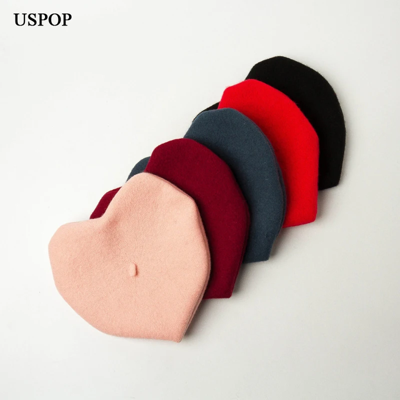 Новый Модный женский берет USPOP зимний шерстяной в форме сердца однотонные теплые
