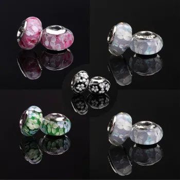

Exquisite Round Plum Blossom Glass Beads 925 Sterling Silver Charm Fit Original Pan Bracelet Necklace Diy Jewelry