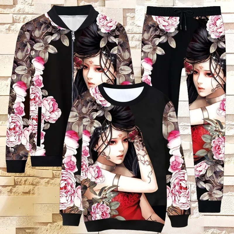 

High Street Mens Casual Sports 3Pcs Outfits Long Sleeve O-Neck Sweatshirts Drawstring Waist Full Length Pants Plus Size M-5XL