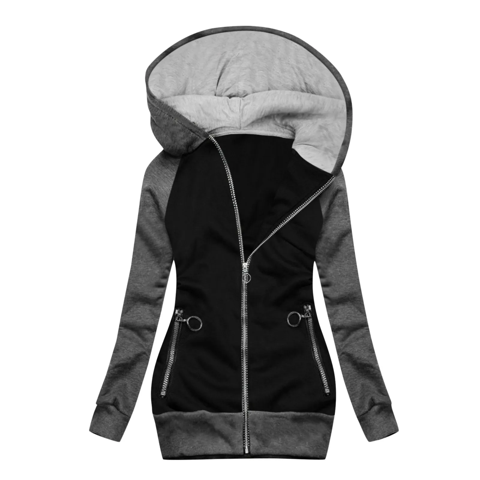 Woman Winter Zip Up Clothing Fashion Color Matching Jacket Zipper Pocket Sweatshirt Long Sleeve Hooded Coat Clothing 2022 1