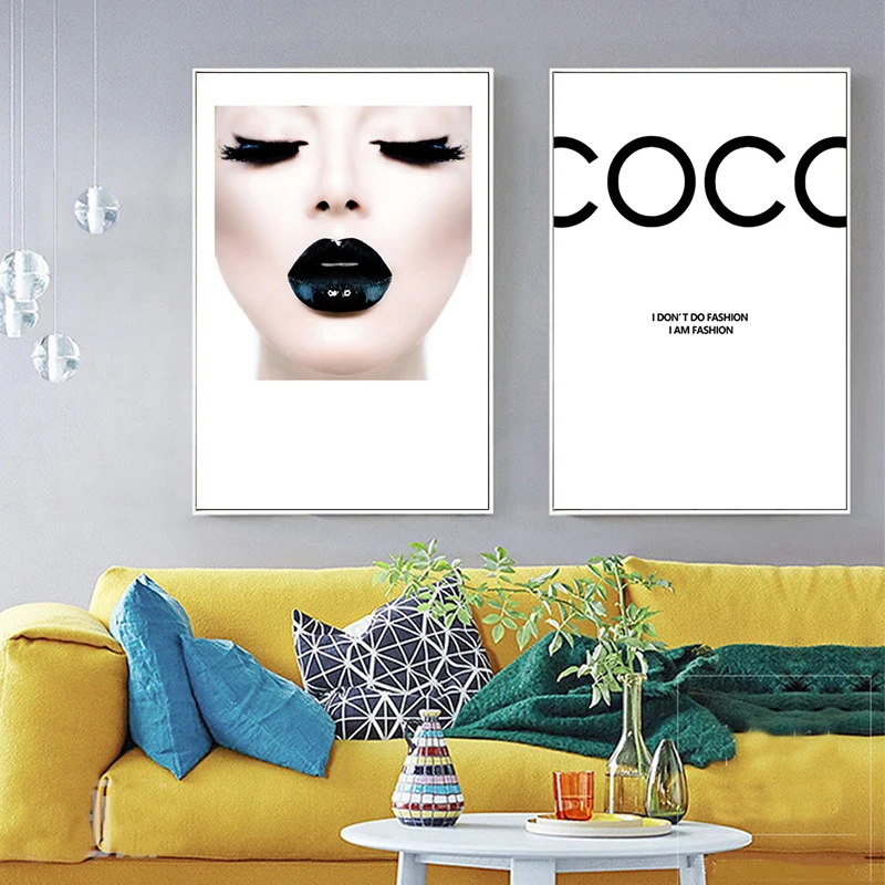 

Modern Vogue COCO Black Lips Sexy Girl Wall Art Canvas Poster Minimalist Print Painting Wall Picture for Living Room Home Decor