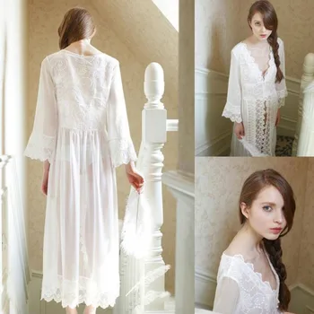 

Sexy Womens Lolita Lace Long Sleep Robe Shirt Gown Vintage Pricess Cute White Sleepwear