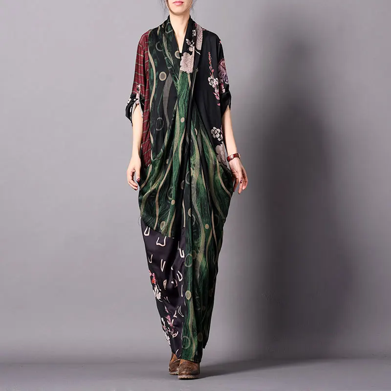 

2019 Spring and Summer New Personality Silk Print Stitching Dress Chest Cross Fishtail Loose Dress Retro Elegant Women