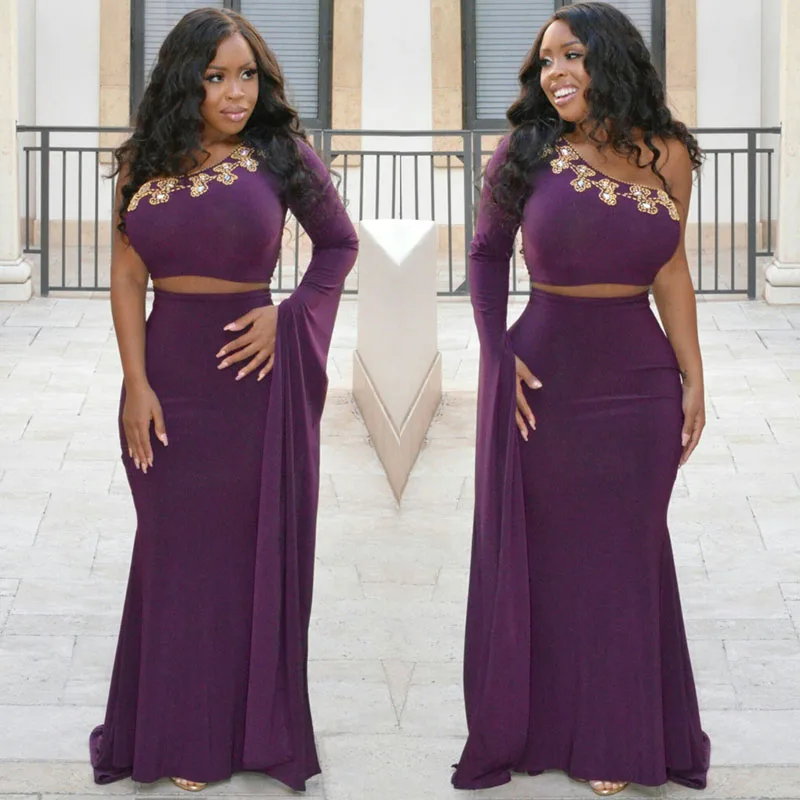 

Two Pieces Prom Dress One Shoulder Arabic Evening Dresses Long Sleeves Hijab Muslim Dubai Beaded Purple Formal Kaftan Party Gown