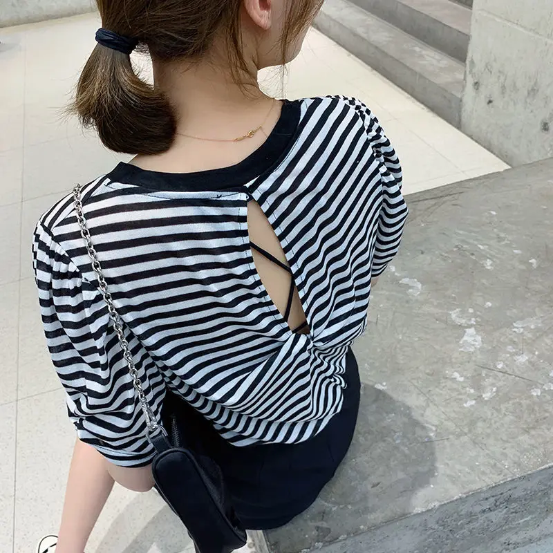 

Женские футболки, Женская Хлопковая полосатая футболка с коротким рукавом, летний топ, женские футболки