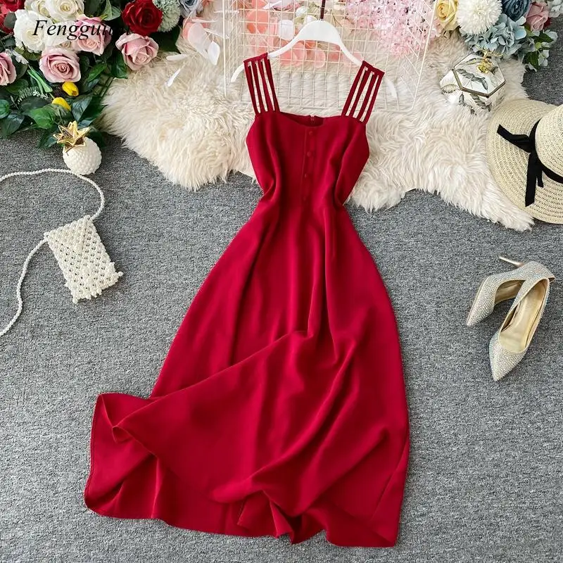 

2021 Sexy Spaghetti Strap Long Dress Elegant Summer Party Casual High Waist Women Beach Holiday Dresses