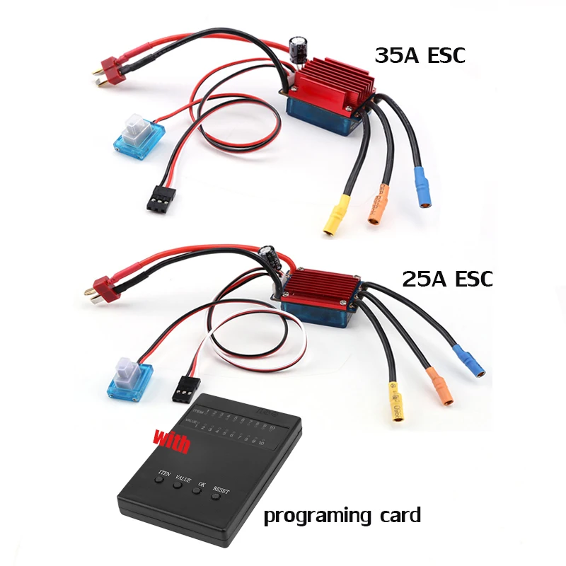 Vue de face du variateur ESC sans balais 25A/35A pour voiture RC avec câbles de puissance