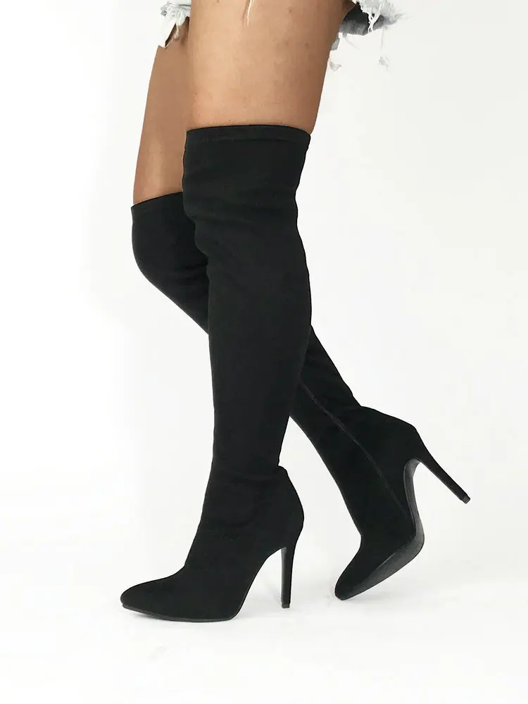Женские ботфорты выше колена; эластичные пикантные зимние облегающие высокие сапоги до бедра на высоком каблуке с острым носком на молнии; цвет черный, серый, винно-красный;
