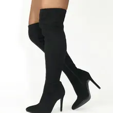 Женские ботфорты выше колена; эластичные пикантные зимние облегающие высокие сапоги до бедра на высоком каблуке с острым носком на молнии; цвет черный, серый, винно-красный;