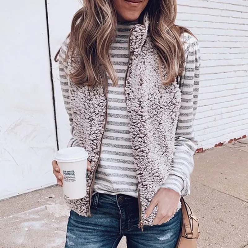 Autumn Sexy Women's Two-side Pocket Vest Coats Sleeveless Jacket Turn-Down Collar Lamb Cashmere Winter Leopard Zipper Warm Coat