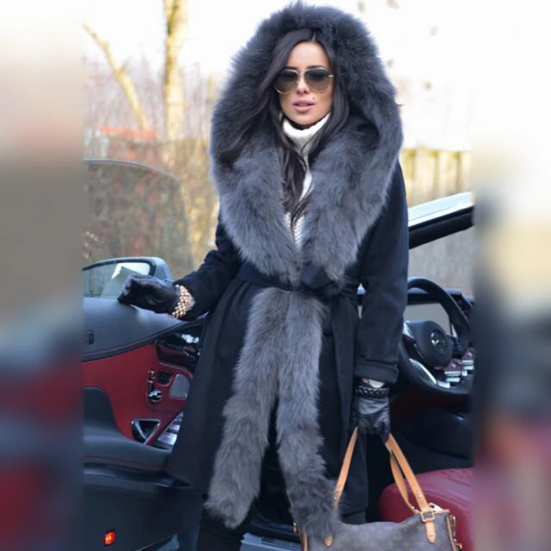 Winter Fashion Natural Fur Coat With Hood Long Wool Blends Fox Fur Coat Woman Luxury Outwear 2022 Trendy Cashmere Overcoat Woman