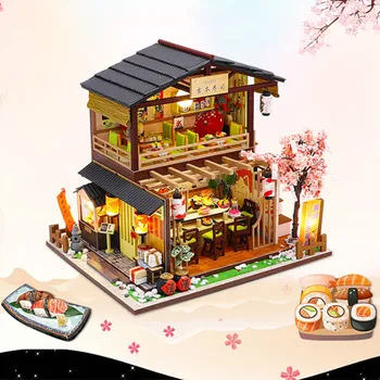DIY Miniature Dollhouse Kit Vintage 3D Model Building Japanese Sushi Restaurant Birthday Gift Wooden Large Doll House Furniture 1