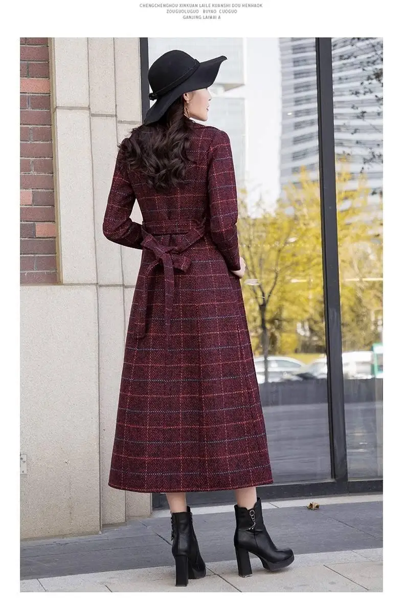 New Autumn Winter Woman Vintage Slim X-Long Plaid Sashes Wool Blend Coat Female Woolen Outwear Abrigos Mujer Invierno R299