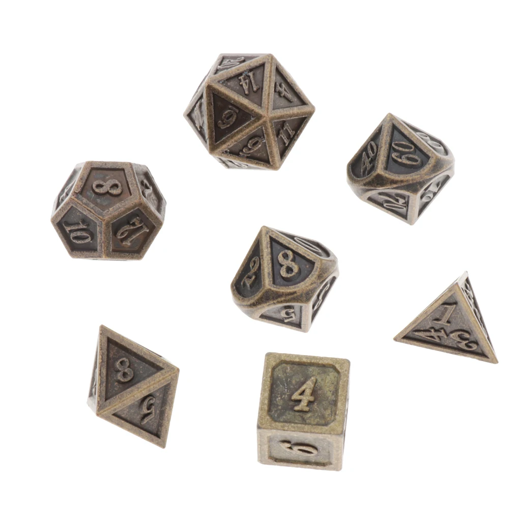 Set of 7 Polyhedral Metal Dice Standard Size Bronze for Dragon Scale DnD RPG 