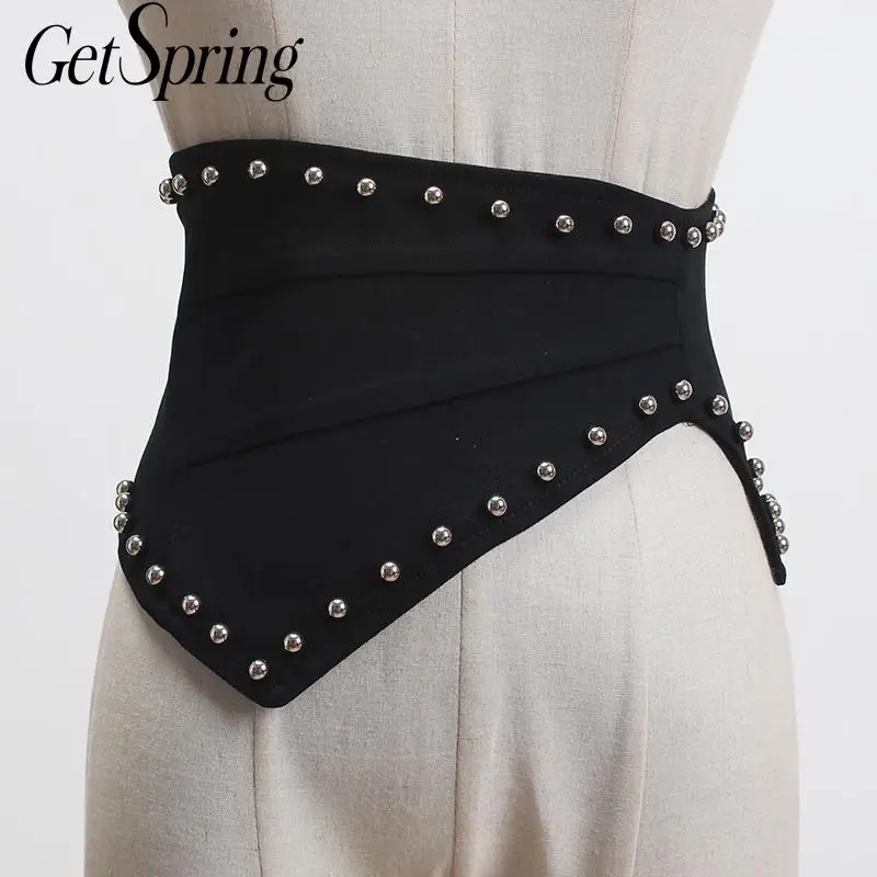 GetSpring Women Cummerbund Rivet Retro Womens Elastic Belts Black Wide