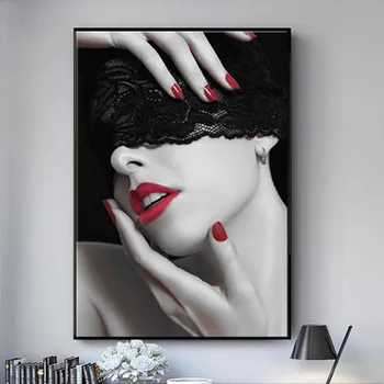 

Red Lips Women with Lace Eye Mask Canvas Oil Painting on Canvas Posters and Prints Cuadros Wall Art Pictures for Living Room